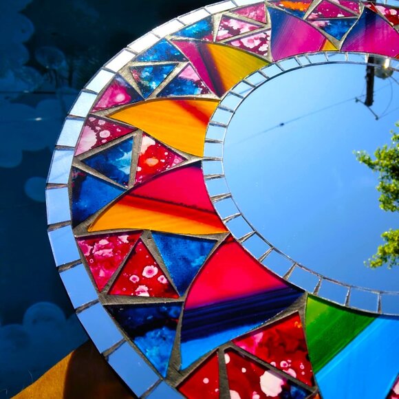 Inlaid Multi Colored Stained Glass Mosaic Handmade Round Wall Mirror - Picture 2 of 11